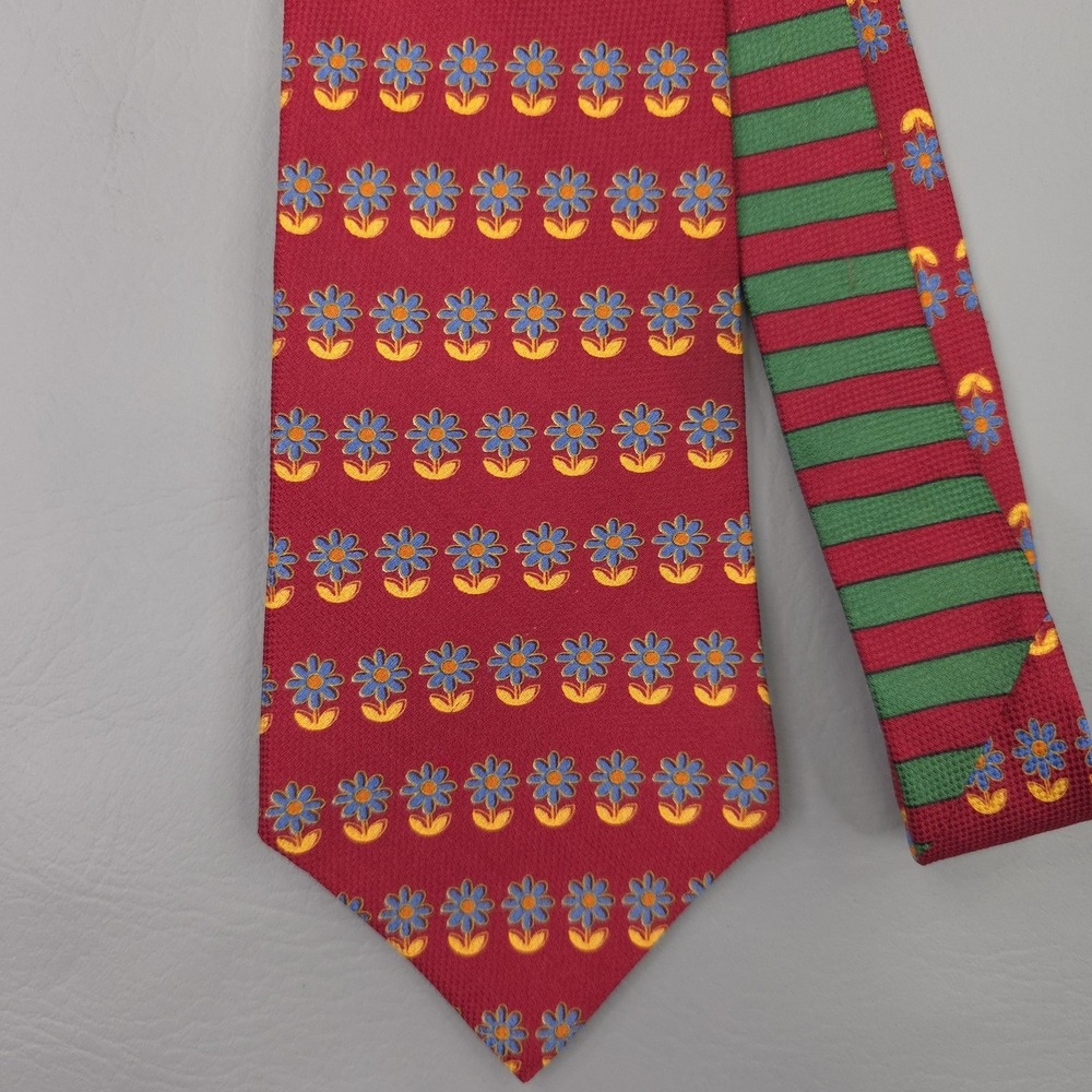 Vintage Tommy Hilfiger Tie Mens Red Silk Daisy Floral Woven Made In USA 56"